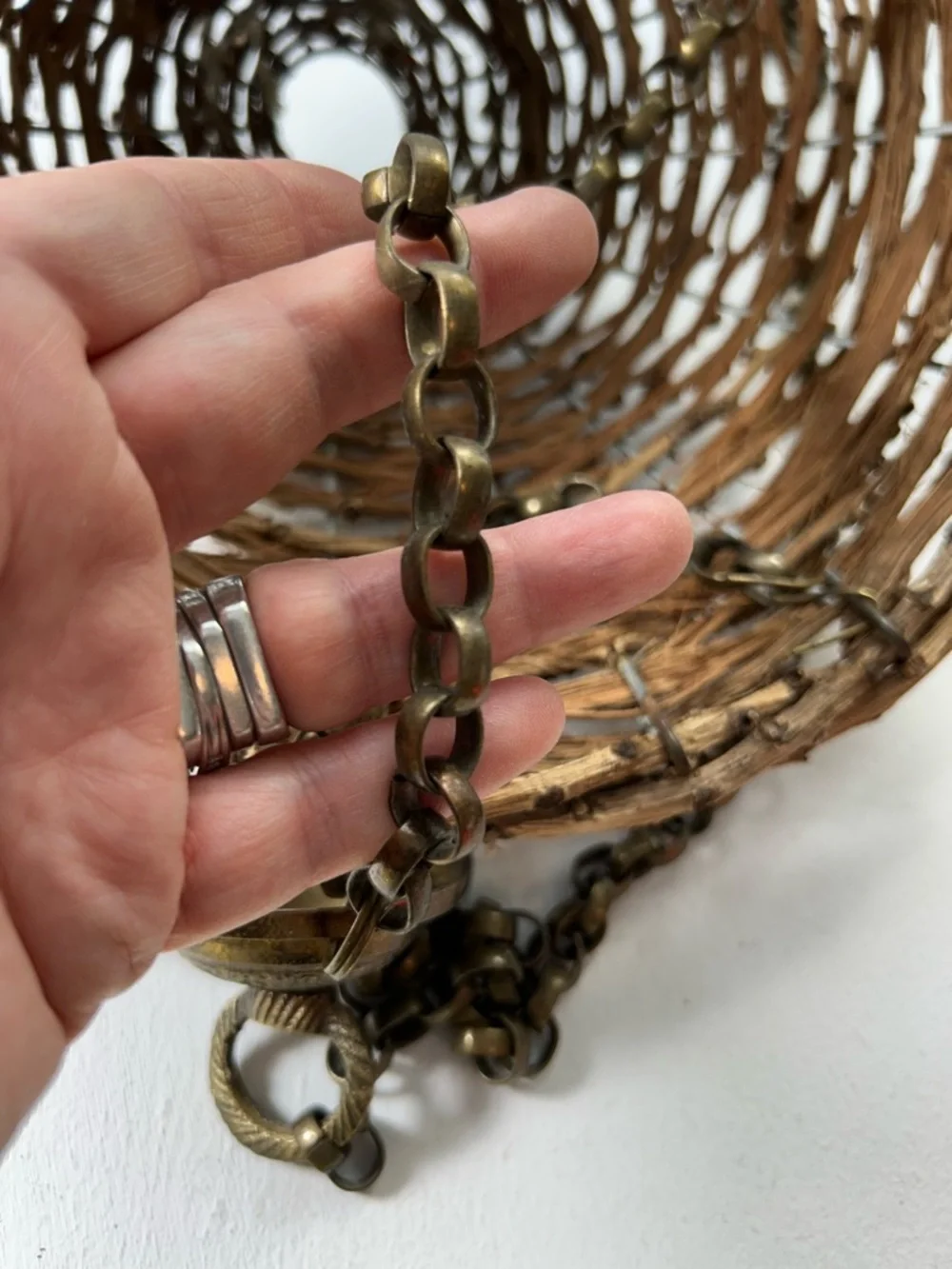 Vintage Hanging Basket Handwoven Natural Twig Brass Hanger Boho 11 Inch
